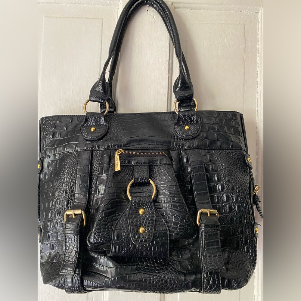 vecceli Italy Elegant Black Crocodile-Embossed Women's tote Bag